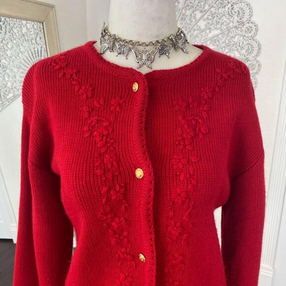 Chunky Vintage Bright Red Flower Floral Embroidered Knit Button Up Cardigan M - Picture 4 of 8